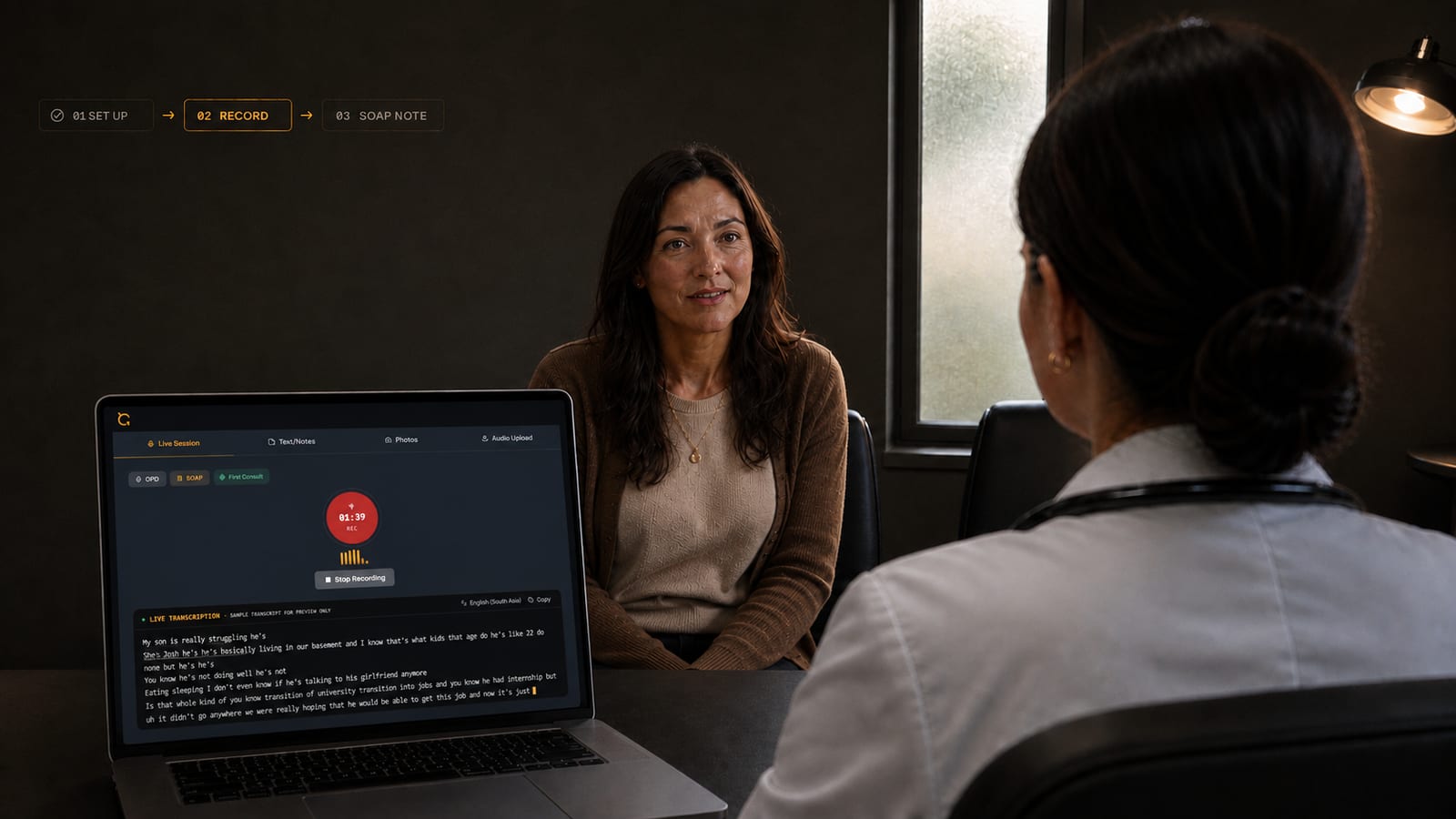 Cognivolt live recording screen showing a real-time diarized transcript during a session